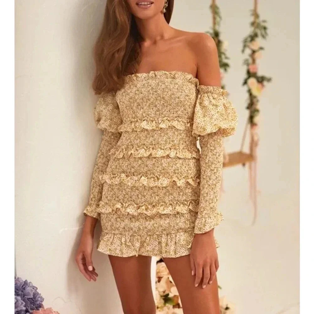 Alamour The Label Jules Shirred Dress Yellow Size L NWT
